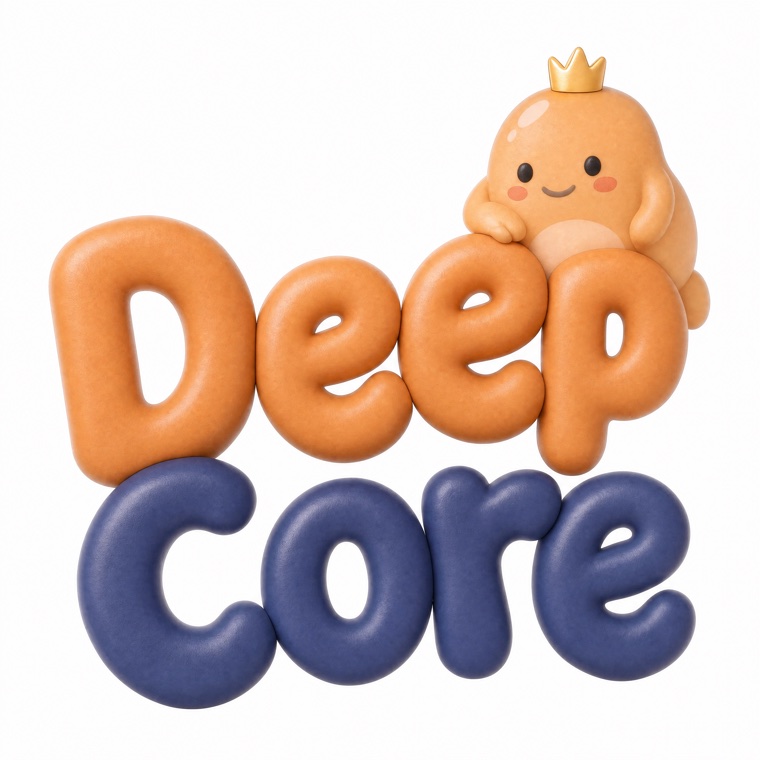 Deep Core — the glossy 3D wordmark with Beanie, the crowned mascot, on top