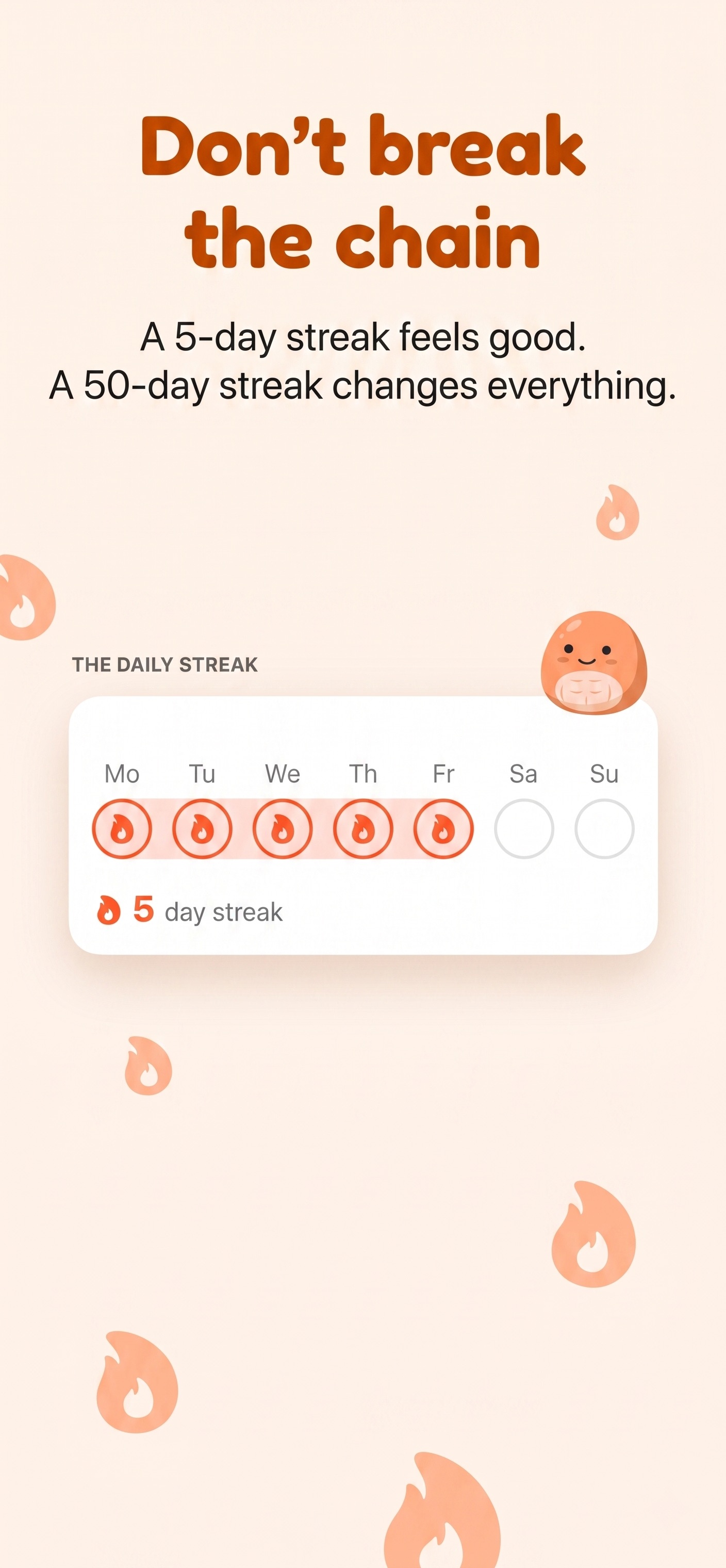 Deep Core app showing a five-day streak with flame icons