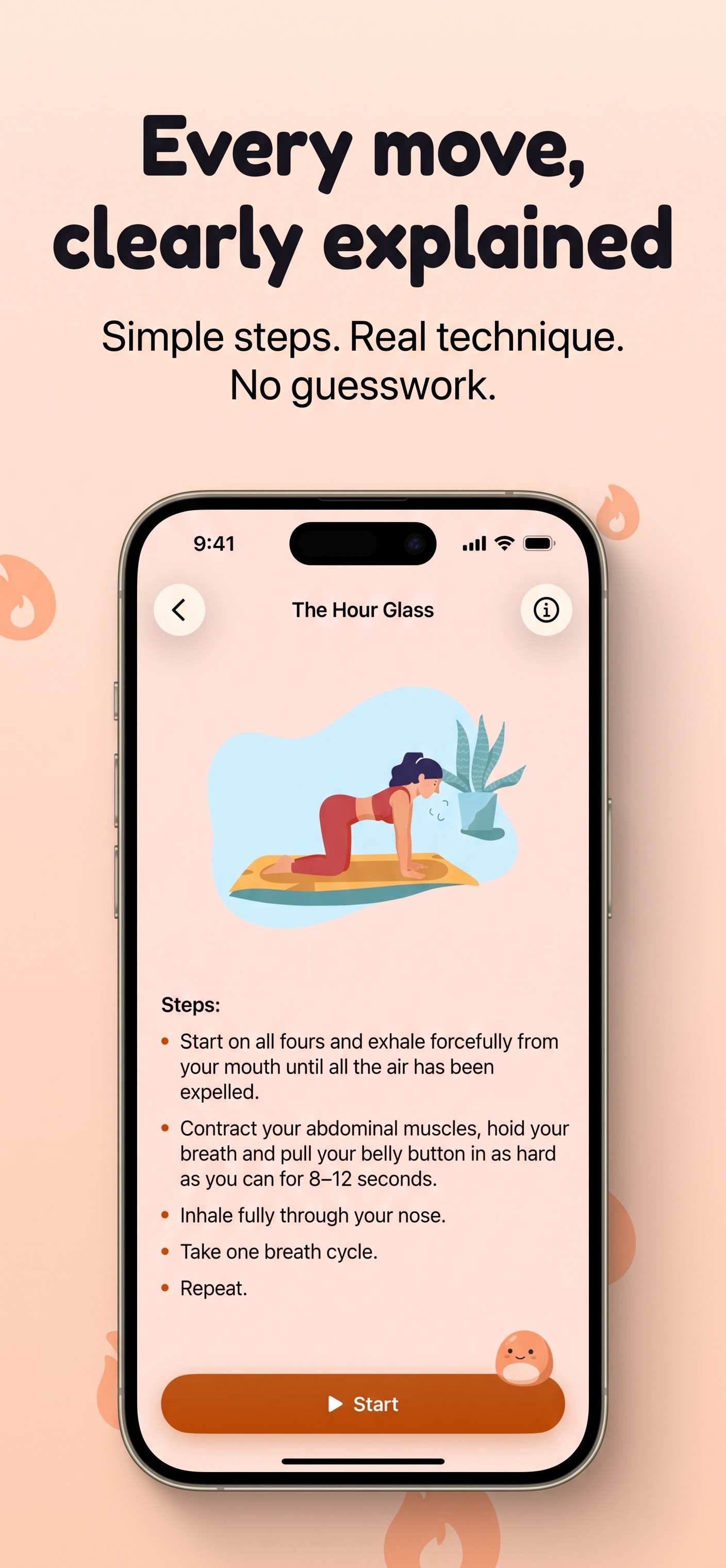 Deep Core app explaining the Hour Glass exercise, step by step